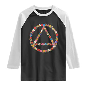 AA Sober Retro Flower Symbol Serenity Recovery Raglan Shirt TS11 Black White Print Your Wear
