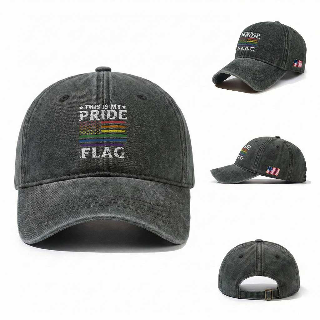 Funny LGBTQ This Is My Pride Flag Washed Cotton Baseball Cap Rainbow American Flag TS11 Washed Cap Universal Fit Dark Green Print Your Wear