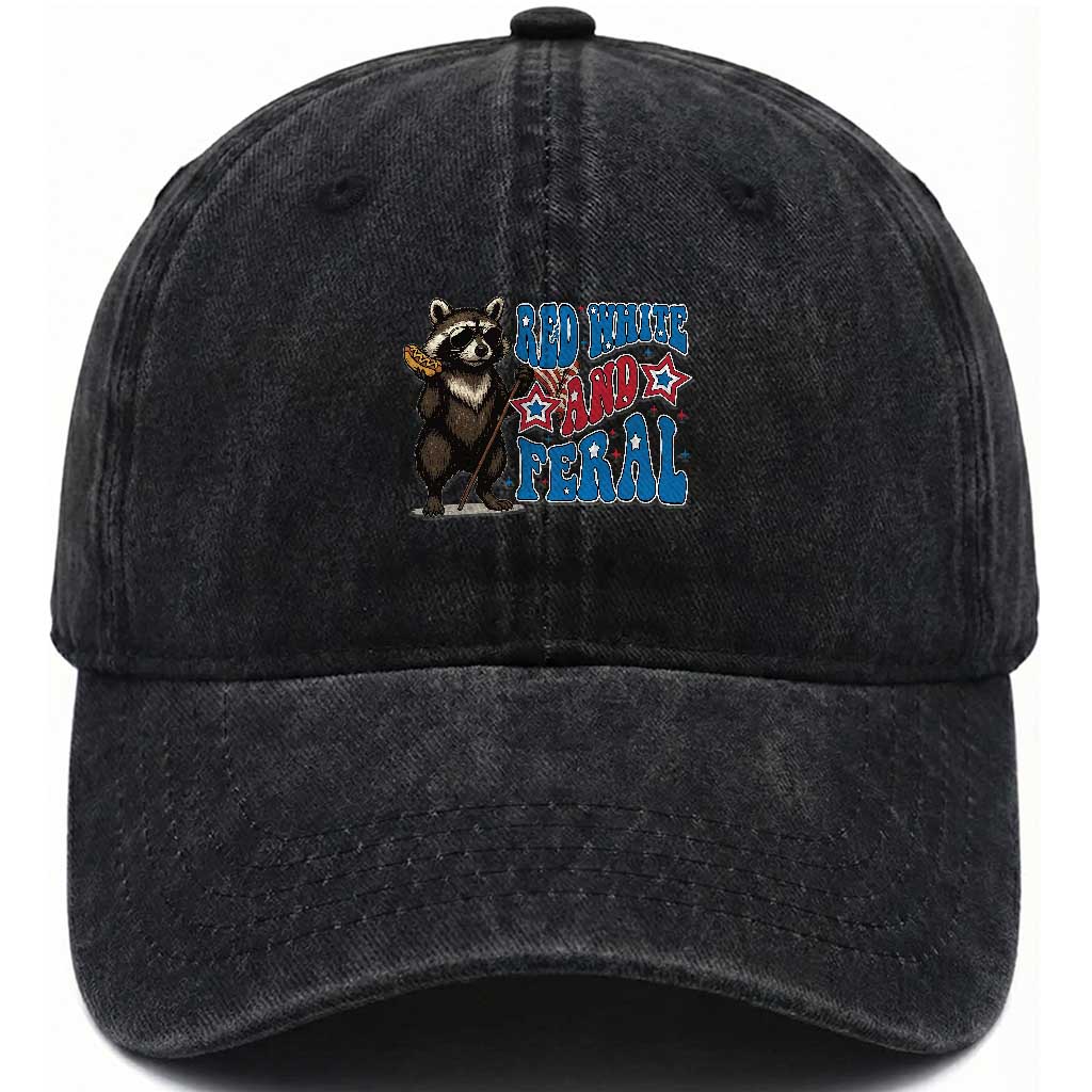Funny Red White And Feral Washed Cotton Baseball Cap Raccoon 4th of July Patriotic TS11 Washed Cap Universal Fit Black Print Your Wear