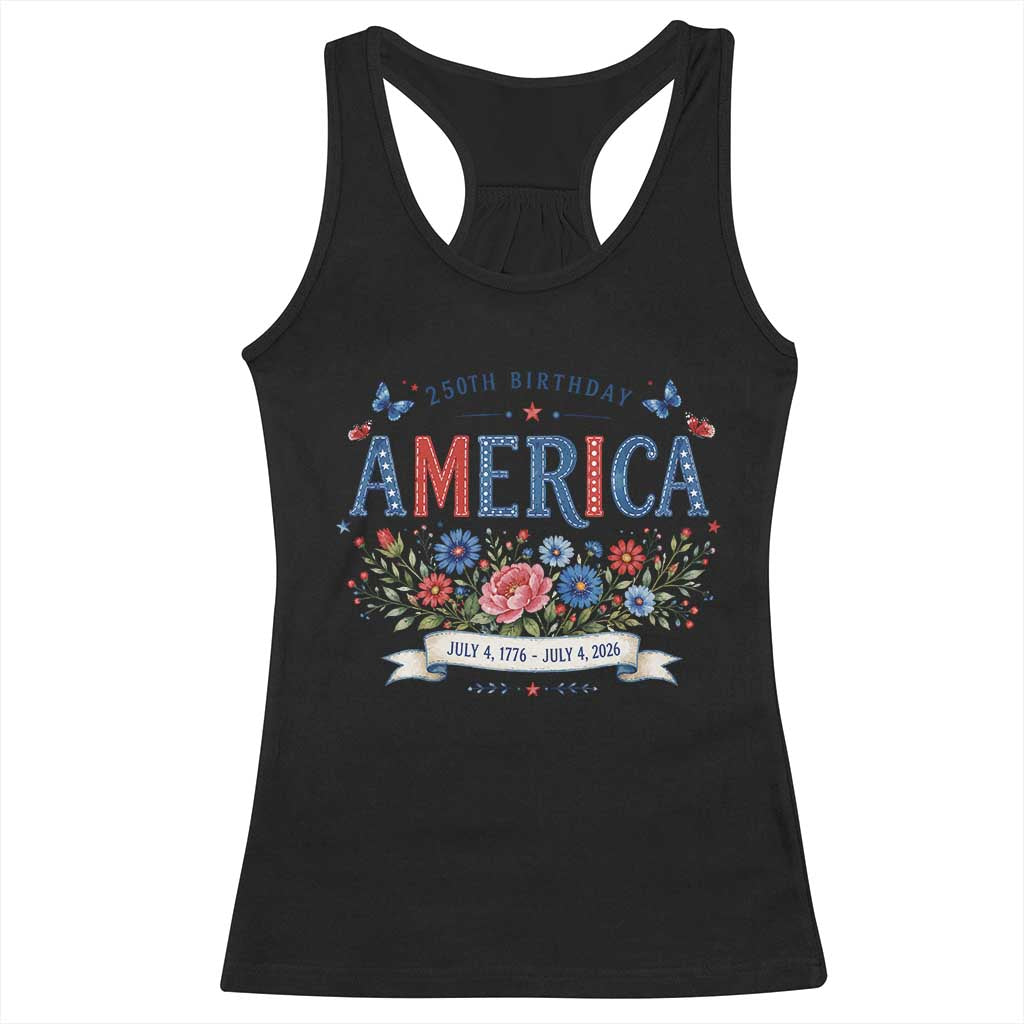 Floral 250th Birthday of America 250 Years USA Patriotic Racerback Tank Top TS11 Black Print Your Wear