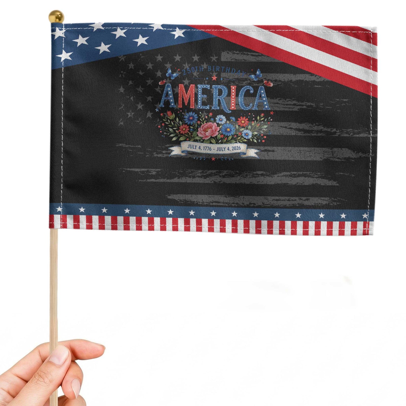 Floral 250th Birthday of America 250 Years USA Patriotic Handheld Flag TS11 Distressed 8.2