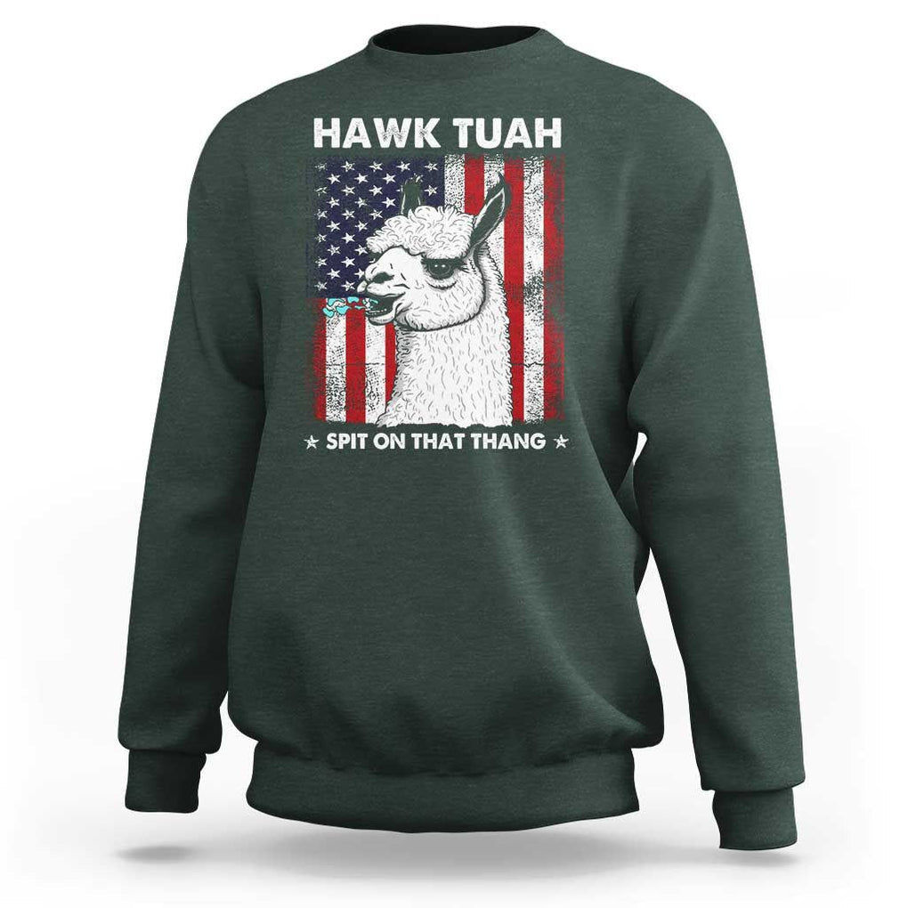 Funny Llama Sweatshirt Hawk Tuah Spit On That Thang American Flag TS11 Dark Forest Green Print Your Wear