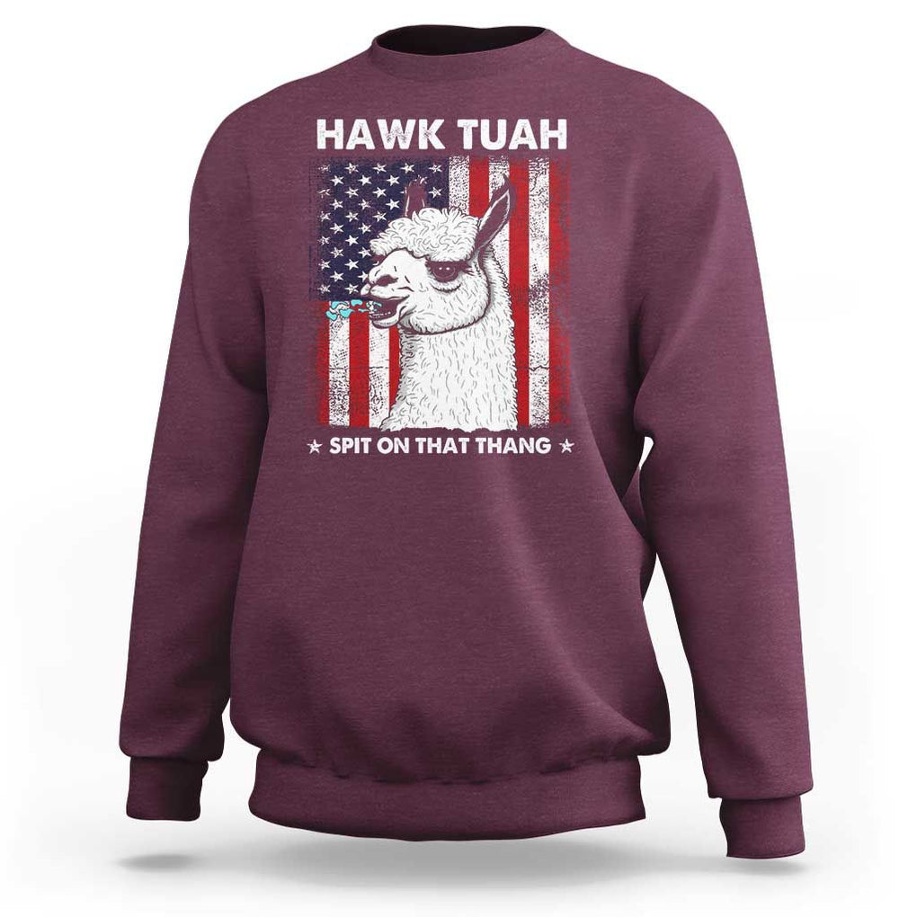 Funny Llama Sweatshirt Hawk Tuah Spit On That Thang American Flag TS11 Maroon Print Your Wear