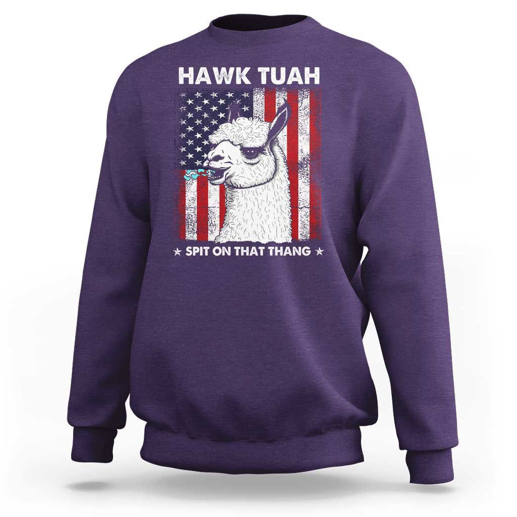 Funny Llama Sweatshirt Hawk Tuah Spit On That Thang American Flag TS11 Purple Print Your Wear