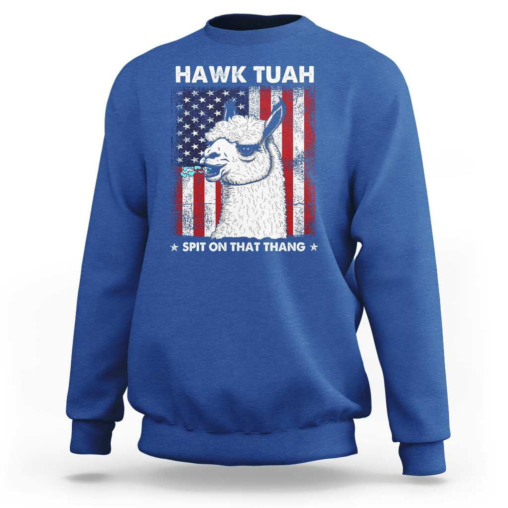 Funny Llama Sweatshirt Hawk Tuah Spit On That Thang American Flag TS11 Royal Blue Print Your Wear