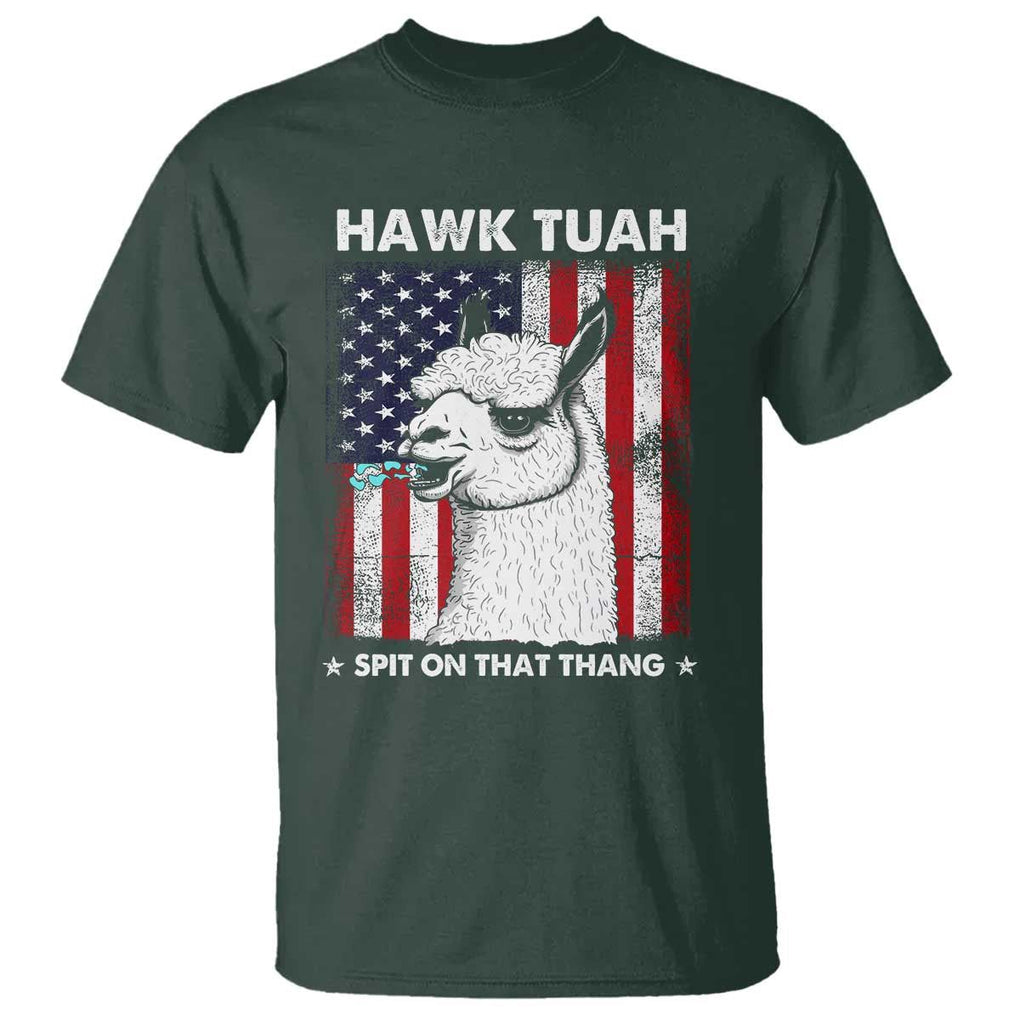 Funny Llama T Shirt Hawk Tuah Spit On That Thang American Flag TS11 Dark Forest Green Print Your Wear