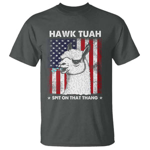 Funny Llama T Shirt Hawk Tuah Spit On That Thang American Flag TS11 Dark Heather Print Your Wear