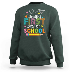 Happy First Day Of School Sweatshirt Cute Pencil Paper Plane Heart TS11 Dark Forest Green Print Your Wear