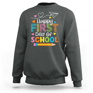 Happy First Day Of School Sweatshirt Cute Pencil Paper Plane Heart TS11 Dark Heather Print Your Wear