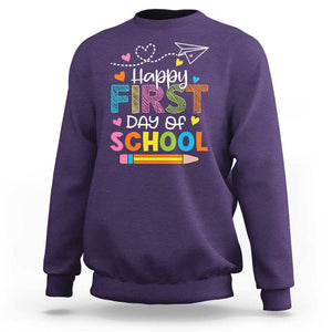 Happy First Day Of School Sweatshirt Cute Pencil Paper Plane Heart TS11 Purple Print Your Wear