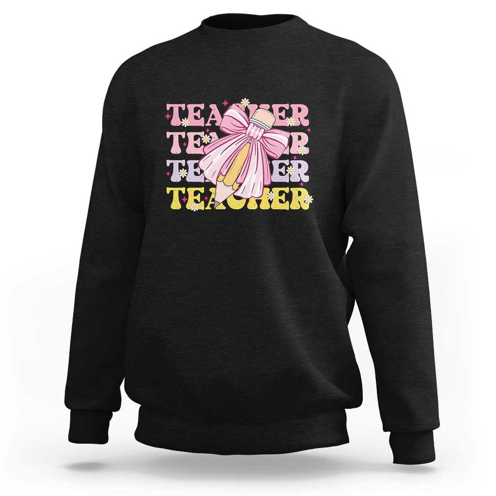 Teacher Sweatshirt Groovy Pencil Pink Bow Back To School TS11 Black Print Your Wear