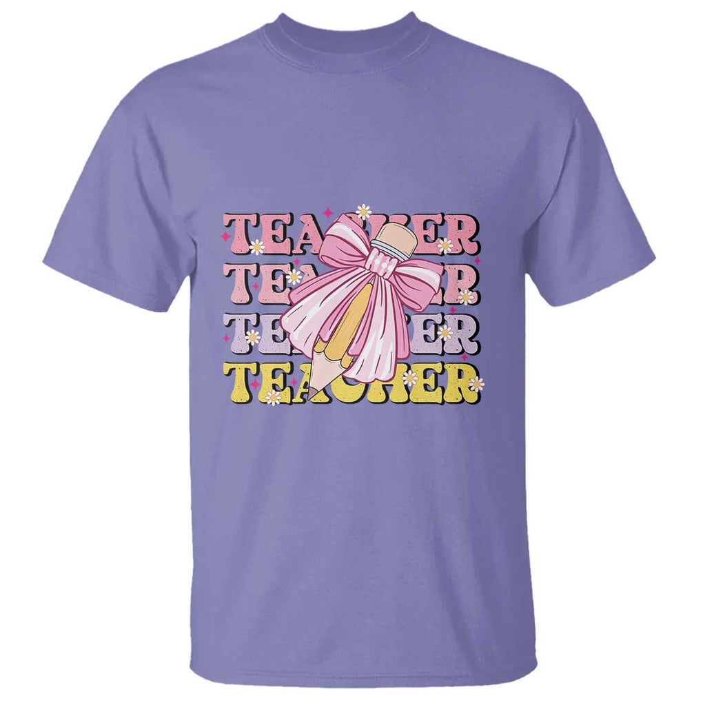 Teacher T Shirt Groovy Pencil Pink Bow Back To School TS11 Violet Print Your Wear