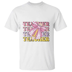 Teacher T Shirt Groovy Pencil Pink Bow Back To School TS11 White Print Your Wear