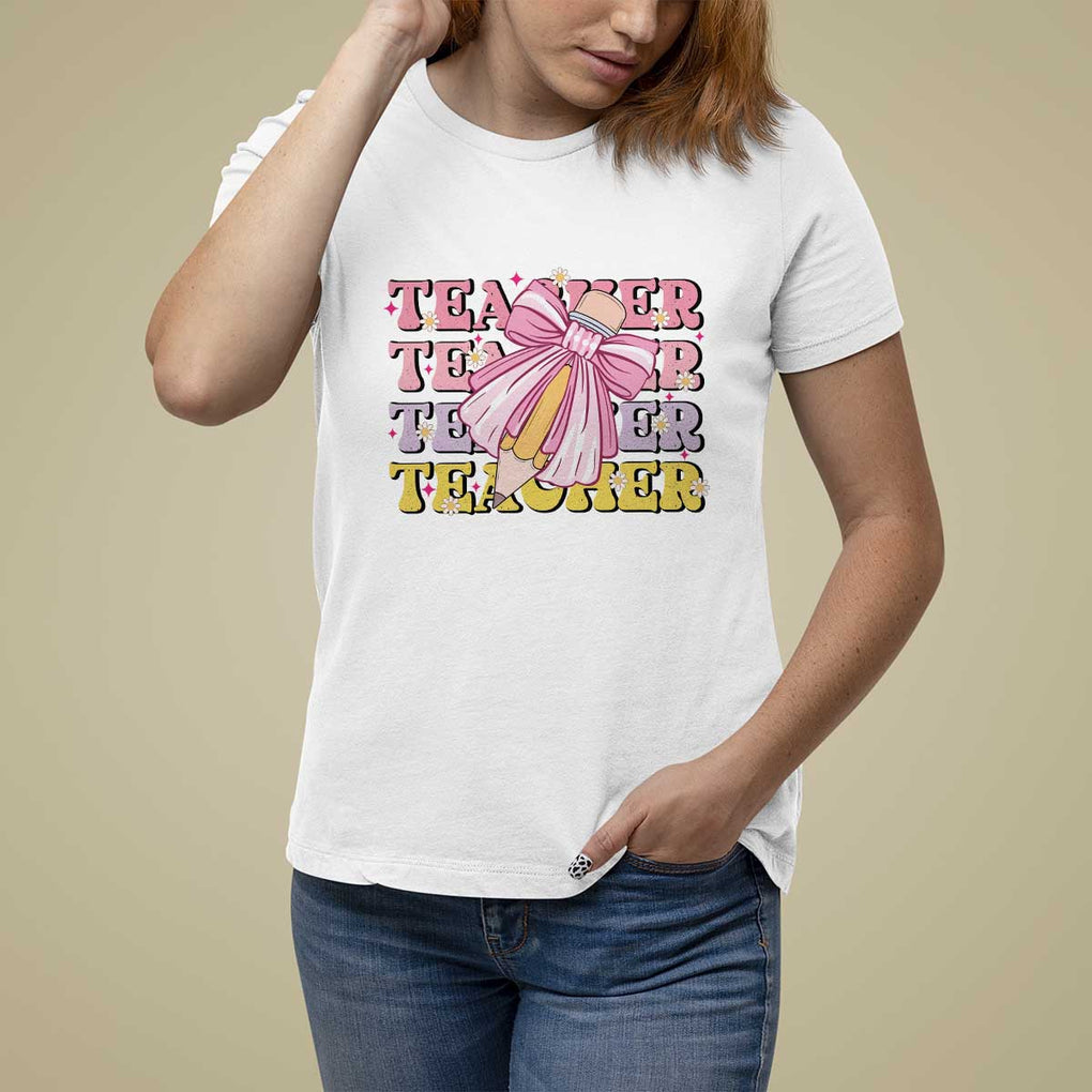 Teacher T Shirt For Women Groovy Pencil Pink Bow Back To School TS11 White Print Your Wear