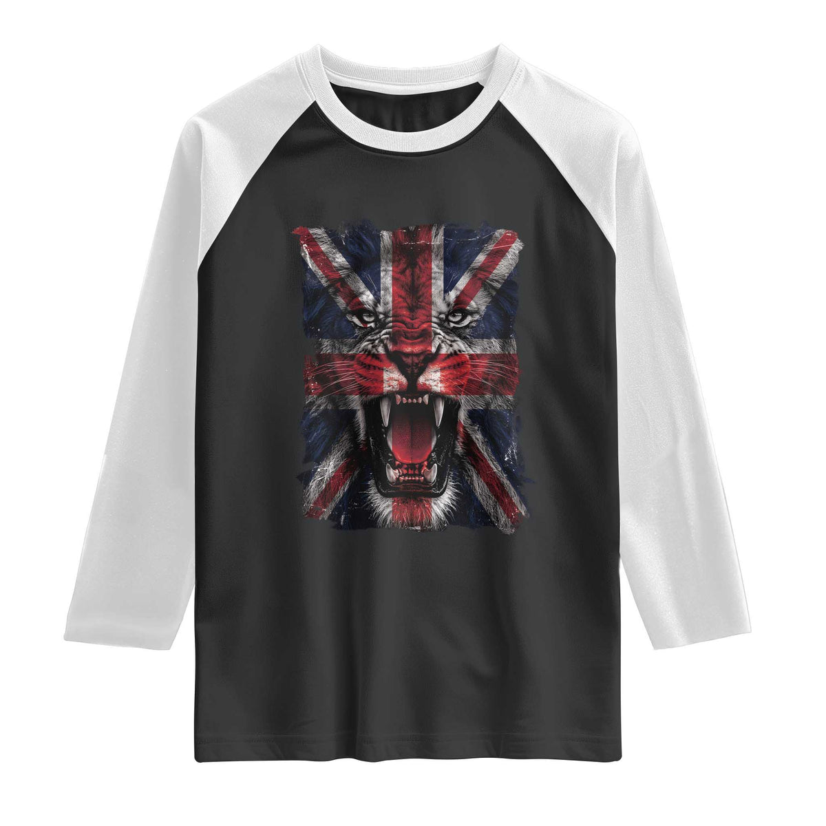 Union Jack Flag Lion Face UK British Great Britain Raglan Shirt TS11 Black White Print Your Wear