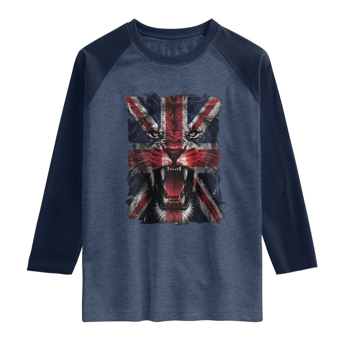 Union Jack Flag Lion Face UK British Great Britain Raglan Shirt TS11 Heather Denim Navy Print Your Wear