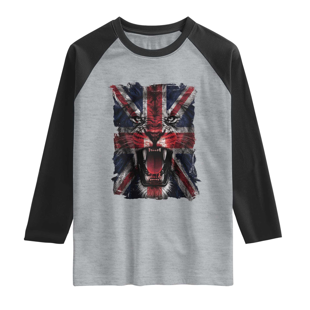 Union Jack Flag Lion Face UK British Great Britain Raglan Shirt TS11 Heather Gray Black Print Your Wear
