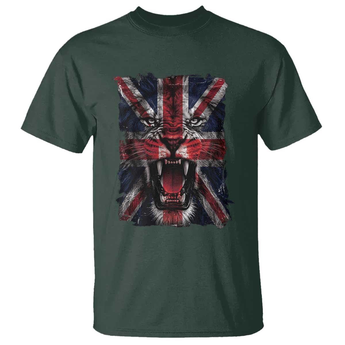Union Jack Flag Lion Face UK British Great Britain T Shirt TS11 Dark Forest Green Print Your Wear