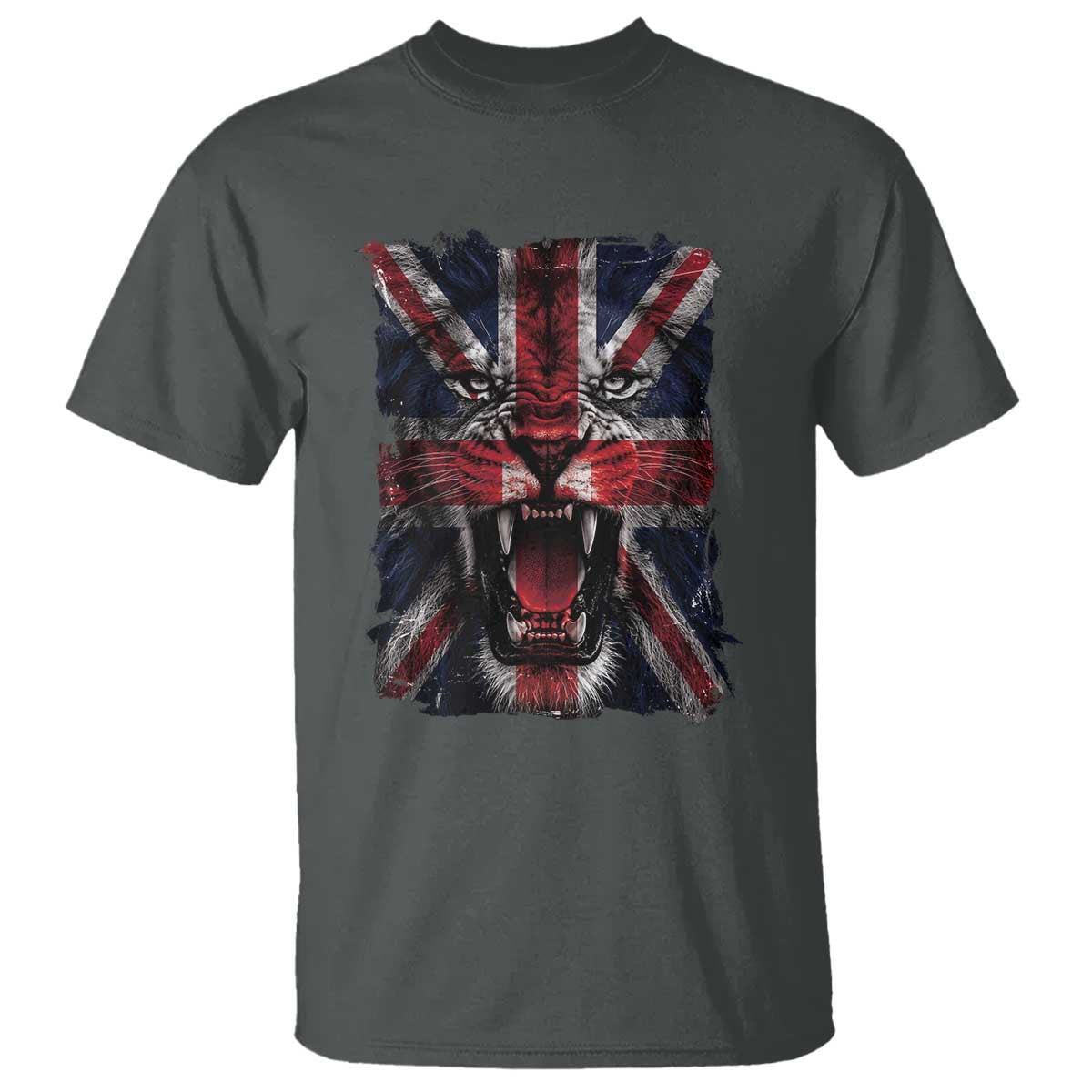 Union Jack Flag Lion Face UK British Great Britain T Shirt TS11 Dark Heather Print Your Wear