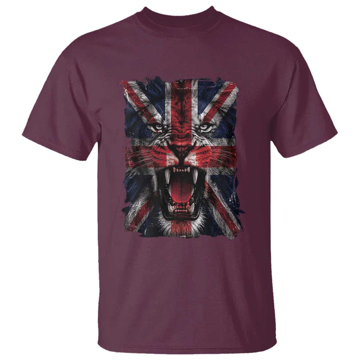 Union Jack Flag Lion Face UK British Great Britain T Shirt TS11 Maroon Print Your Wear