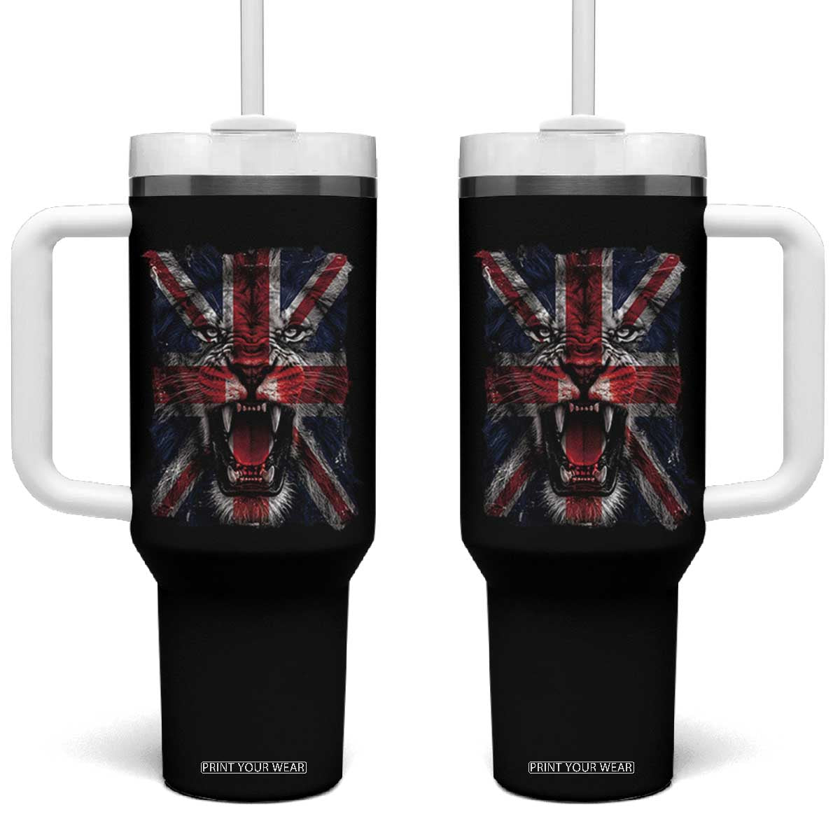 Union Jack Flag Lion Face UK British Great Britain Tumbler With Handle TS11 One Size: 40 oz Black Print Your Wear