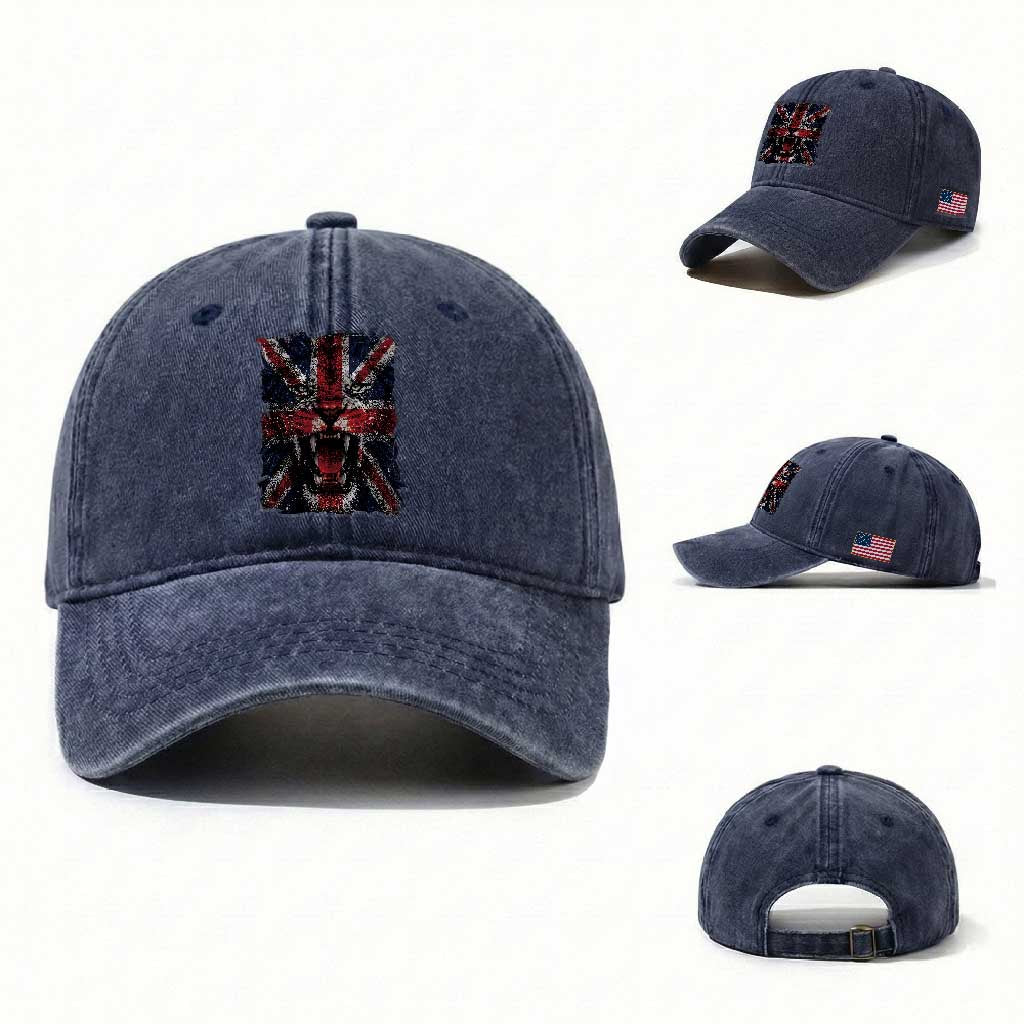 Union Jack Flag Lion Face UK British Great Britain Washed Cotton Baseball Cap TS11 Washed Cap Universal Fit Navy Print Your Wear