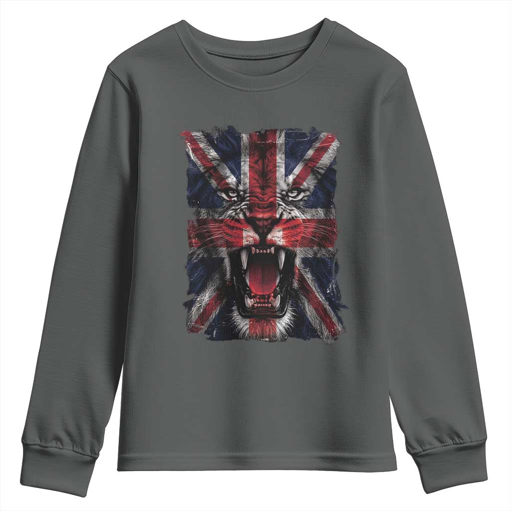 Union Jack Flag Lion Face UK British Great Britain Youth Sweatshirt TS11 Dark Heather Print Your Wear