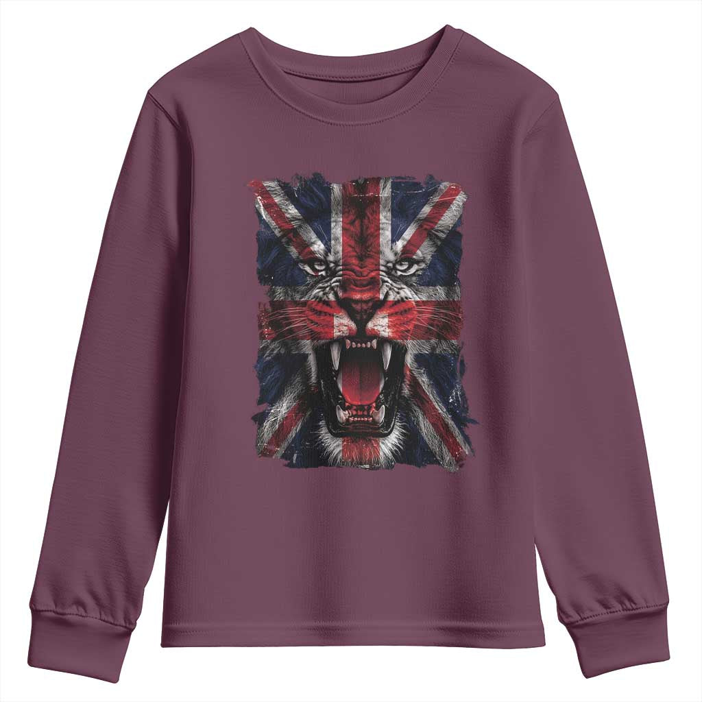 Union Jack Flag Lion Face UK British Great Britain Youth Sweatshirt TS11 Maroon Print Your Wear