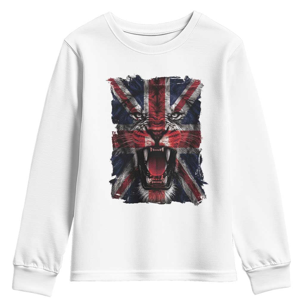 Union Jack Flag Lion Face UK British Great Britain Youth Sweatshirt TS11 White Print Your Wear