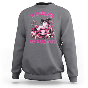 Breast Cancer Awareness Sweatshirt In October We Wear Pink Halloween Ghost Pumpkin Wine Skull TS11 Charcoal Print Your Wear