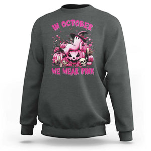 Breast Cancer Awareness Sweatshirt In October We Wear Pink Halloween Ghost Pumpkin Wine Skull TS11 Dark Heather Print Your Wear