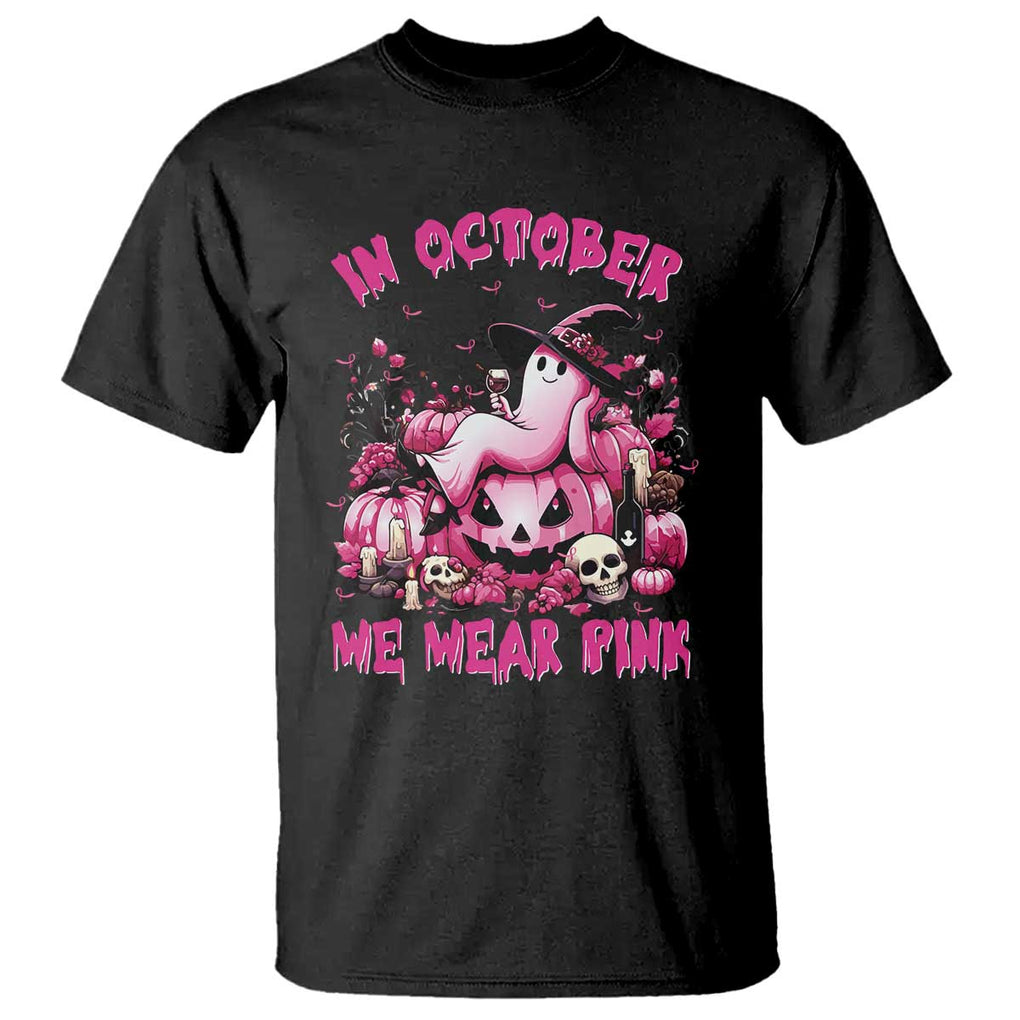 Breast Cancer Awareness T Shirt In October We Wear Pink Halloween Ghost Pumpkin Wine Skull TS11 Black Print Your Wear