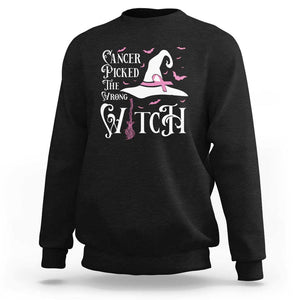 Breast Cancer Awareness Sweatshirt Cancer Picked The Wrong Witch Hat Broom Bat Pink Ribbon TS11 Black Print Your Wear