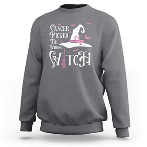 Breast Cancer Awareness Sweatshirt Cancer Picked The Wrong Witch Hat Broom Bat Pink Ribbon TS11 Charcoal Print Your Wear