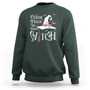 Breast Cancer Awareness Sweatshirt Cancer Picked The Wrong Witch Hat Broom Bat Pink Ribbon TS11 Dark Forest Green Print Your Wear