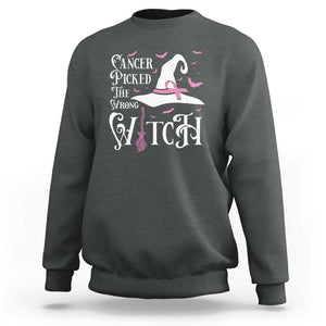 Breast Cancer Awareness Sweatshirt Cancer Picked The Wrong Witch Hat Broom Bat Pink Ribbon TS11 Dark Heather Print Your Wear