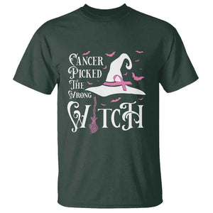 Breast Cancer Awareness T Shirt Cancer Picked The Wrong Witch Hat Broom Bat Pink Ribbon TS11 Dark Forest Green Print Your Wear