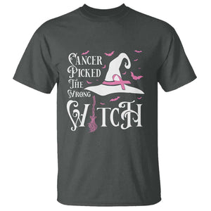 Breast Cancer Awareness T Shirt Cancer Picked The Wrong Witch Hat Broom Bat Pink Ribbon TS11 Dark Heather Print Your Wear