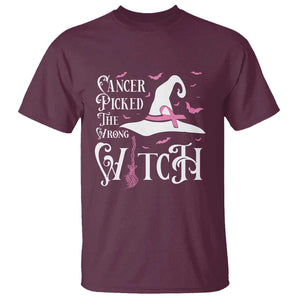 Breast Cancer Awareness T Shirt Cancer Picked The Wrong Witch Hat Broom Bat Pink Ribbon TS11 Maroon Print Your Wear