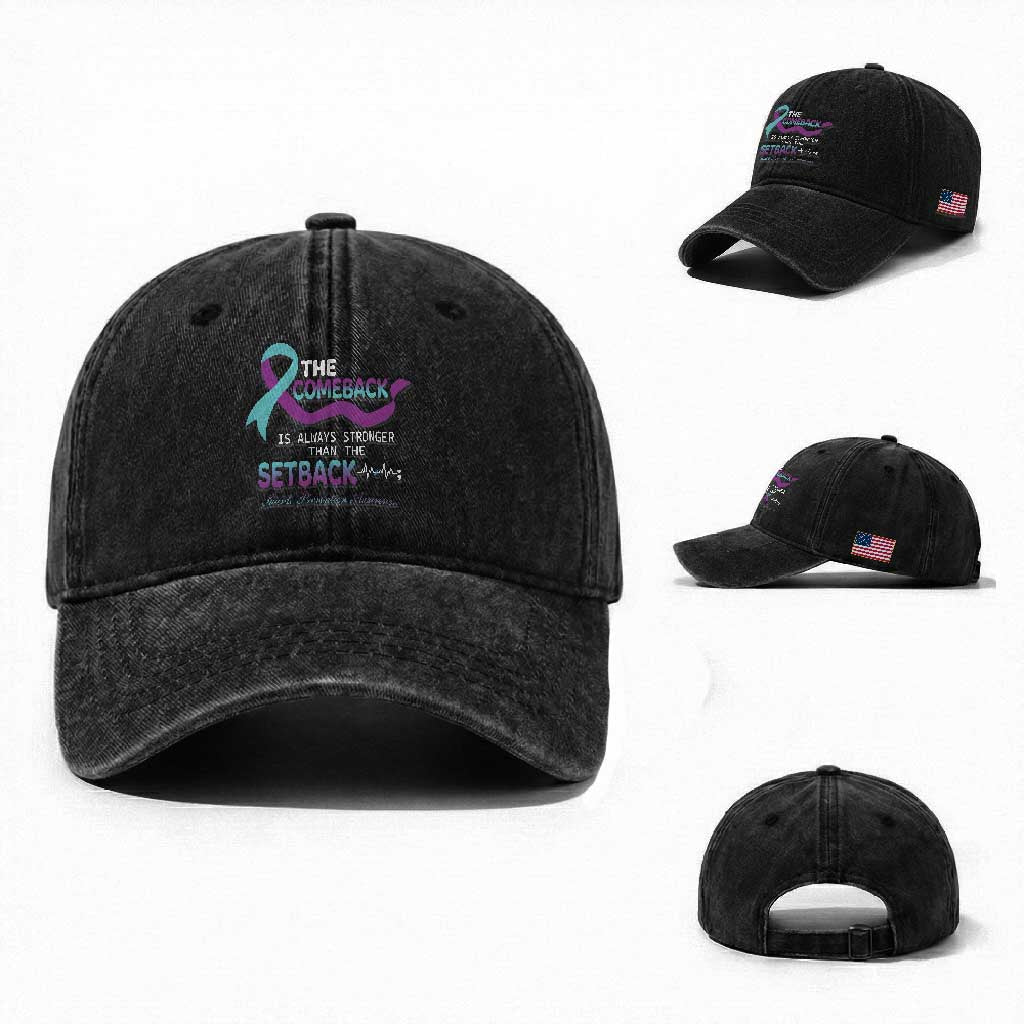 Suicide Prevention Awareness Washed Cotton Baseball Cap The Comeback Is Always Stronger Than The Setback Heartbeat TS11 Washed Cap Universal Fit Black Print Your Wear