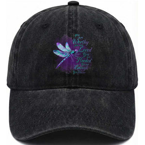 Suicide Prevention Awareness Washed Cotton Baseball Cap You Are Worthy Loved Needed Enough Dragonfly TS11 Print Your Wear