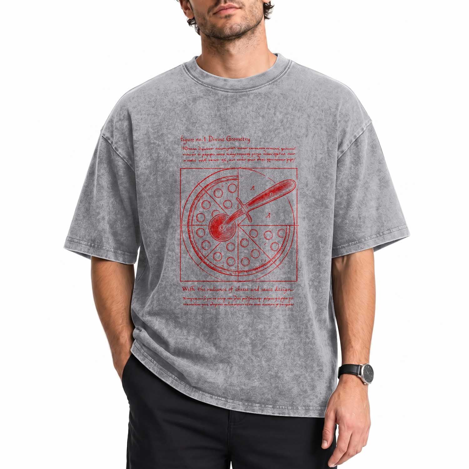 Funny The Vitruvian Pizza Washed Cotton T-Shirt Pizza Baker Leonardo Da Vinci Artwork