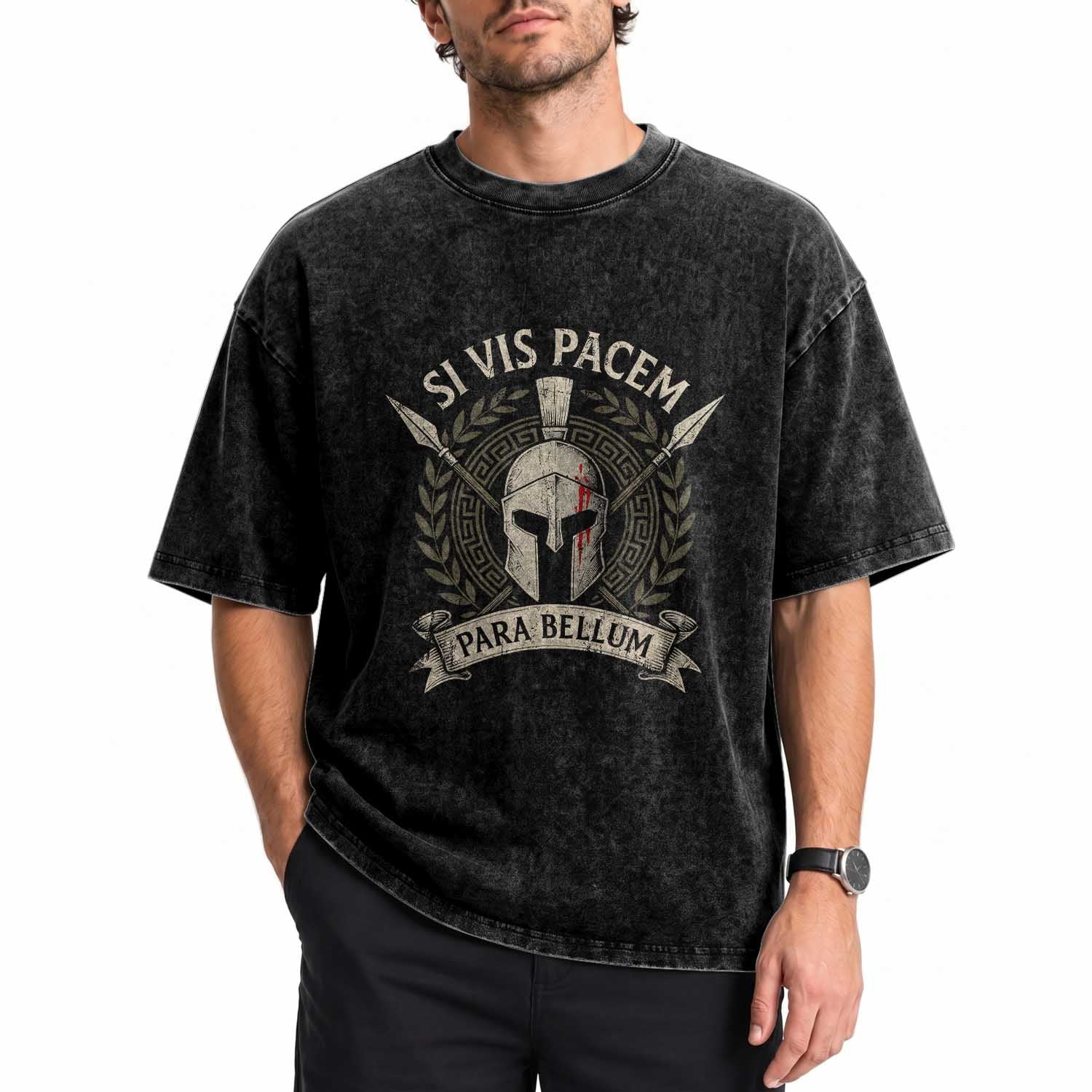 Spartan Warrior Washed Cotton T-Shirt Si Vis Pacem Para Bellum Latin Wisdom Proverb