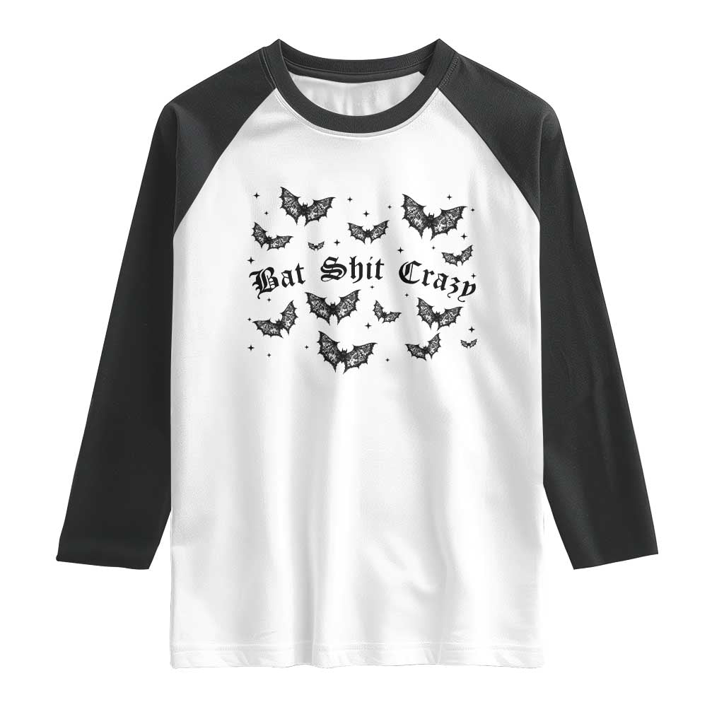 Funny Halloween Bat Shit Crazy Raglan Shirt Horror Gothic Coquette Bat TS11 White Black Print Your Wear