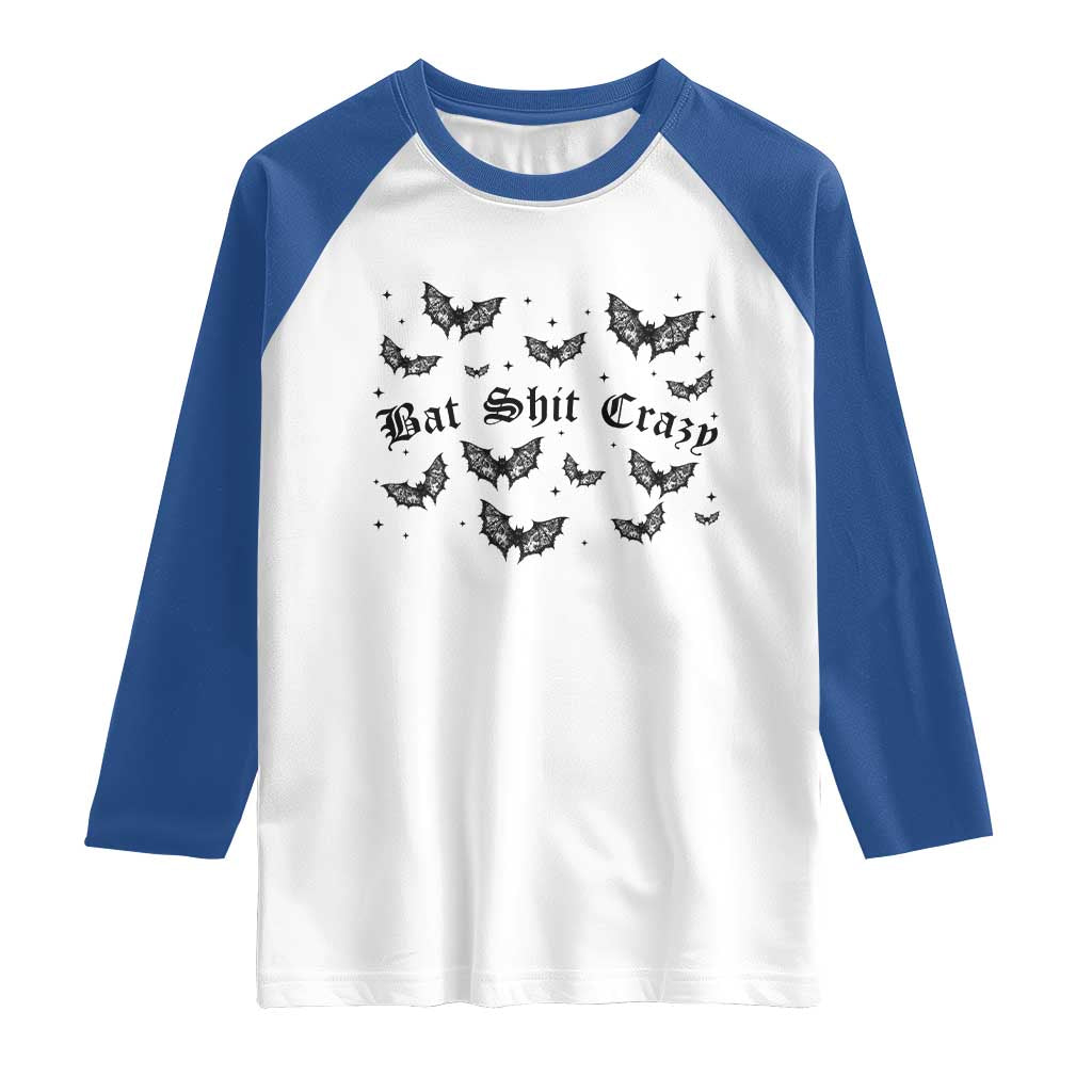 Funny Halloween Bat Shit Crazy Raglan Shirt Horror Gothic Coquette Bat TS11 White Royal Print Your Wear