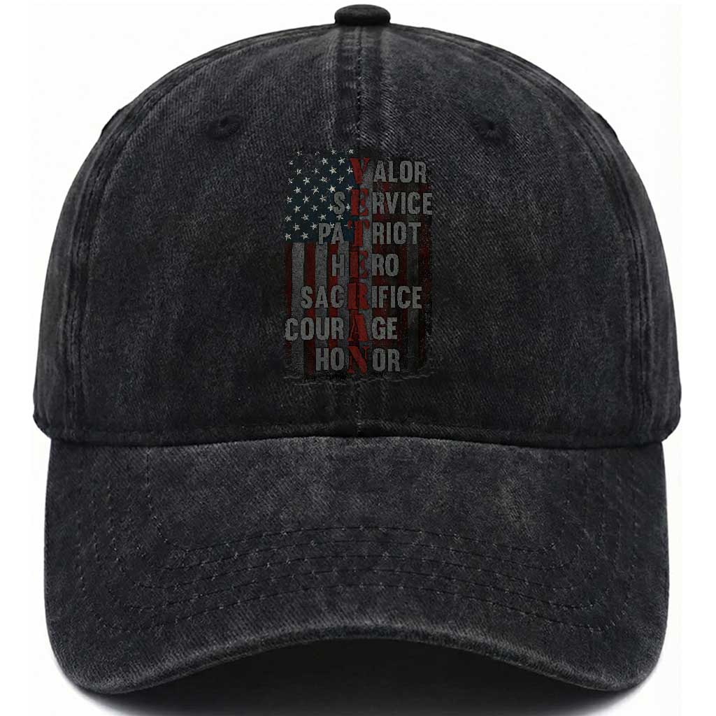 Veterans Valor Service Patriot Hero Sacrifice Courage Honor Washed Cotton Baseball Cap American Flag TS11 Washed Cap Universal Fit Black Print Your Wear