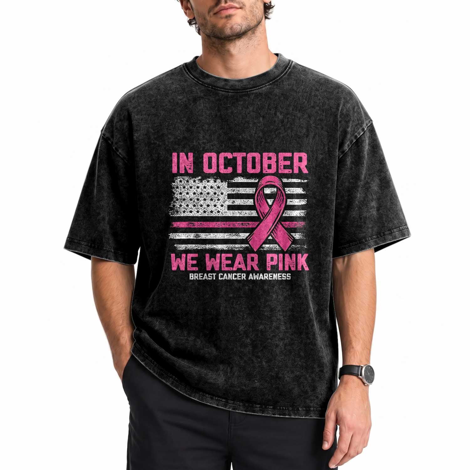 Breast Cancer Awareness In October We Wear Pink Washed Cotton T-Shirt Distressed American Flag