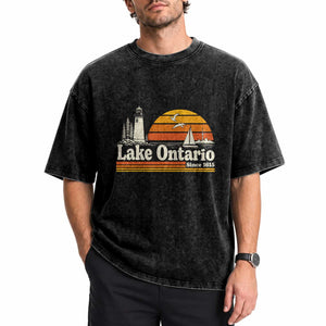 Lake Ontario Washed Cotton T-Shirt Retro Sunset Great Lakes Souvenir