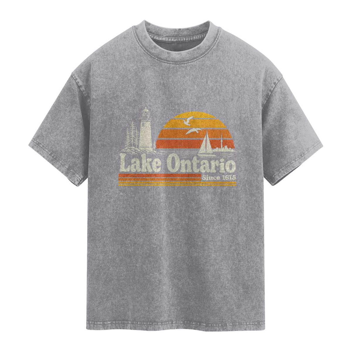 Lake Ontario Washed Cotton T-Shirt Retro Sunset Great Lakes Souvenir