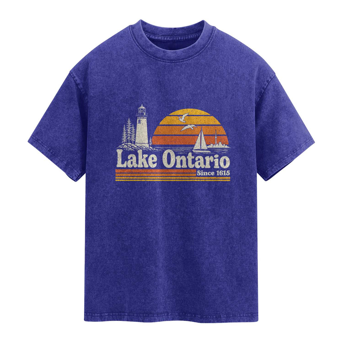 Lake Ontario Washed Cotton T-Shirt Retro Sunset Great Lakes Souvenir